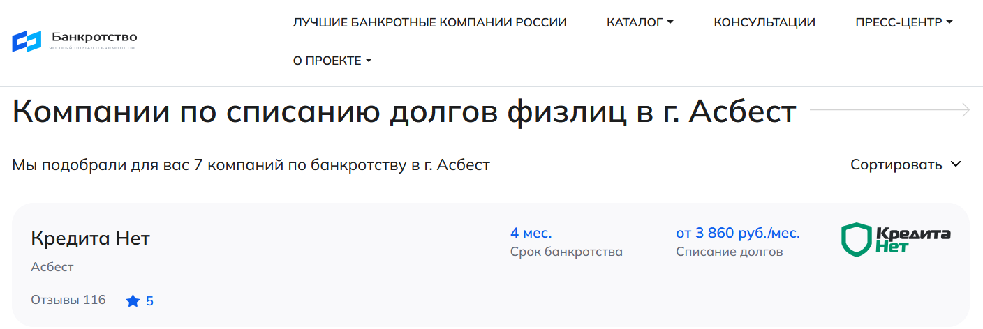КредитаНет – первые в рейтинге компаний по банкротству в  Асбесте на сайте Банкротство Инфо